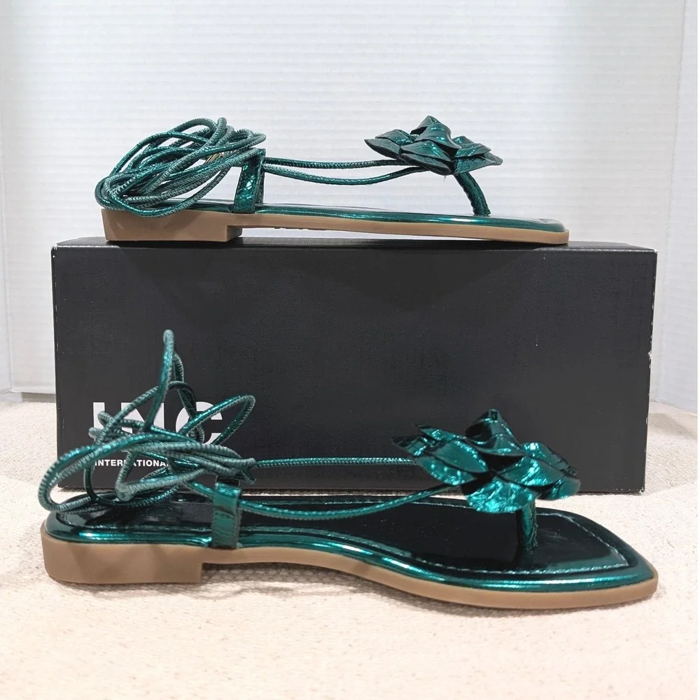 INC International Concepts Emerald Green Metallic Rosette Lace up Sandals 7.5M